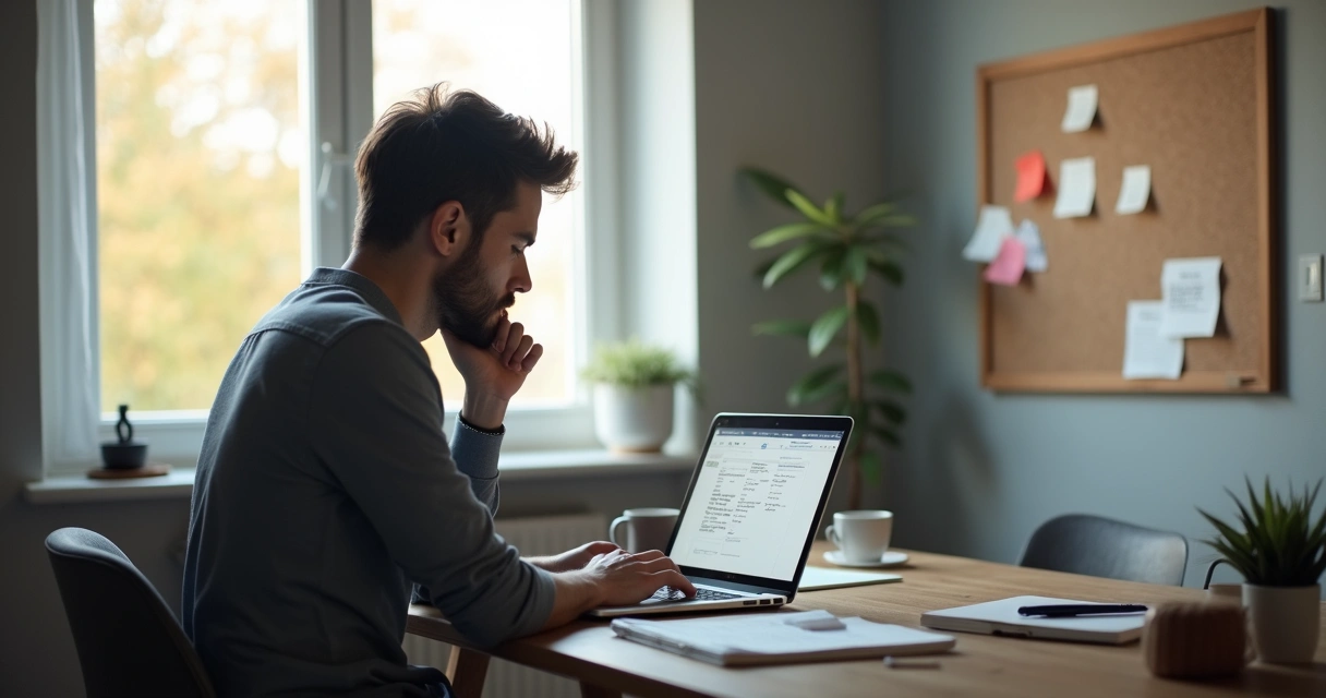 Pessoa sentada à mesa olhando a janela com tarefas pendentes ao redor 