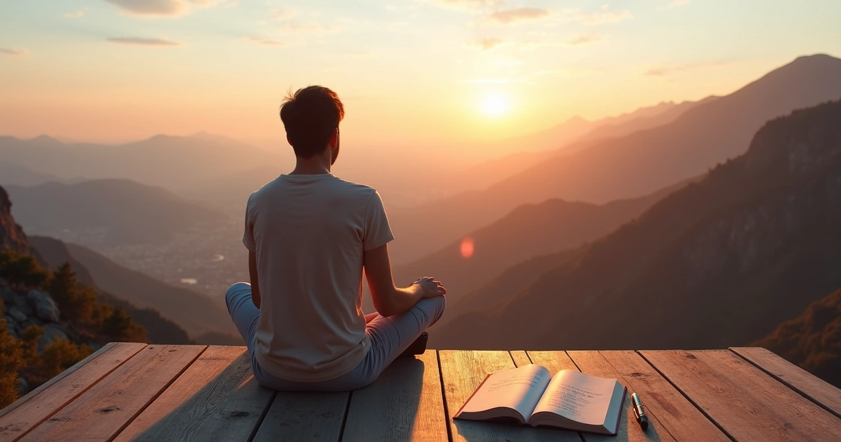 Pessoa sentada em mirante contemplando paisagem ampla e refletindo 
