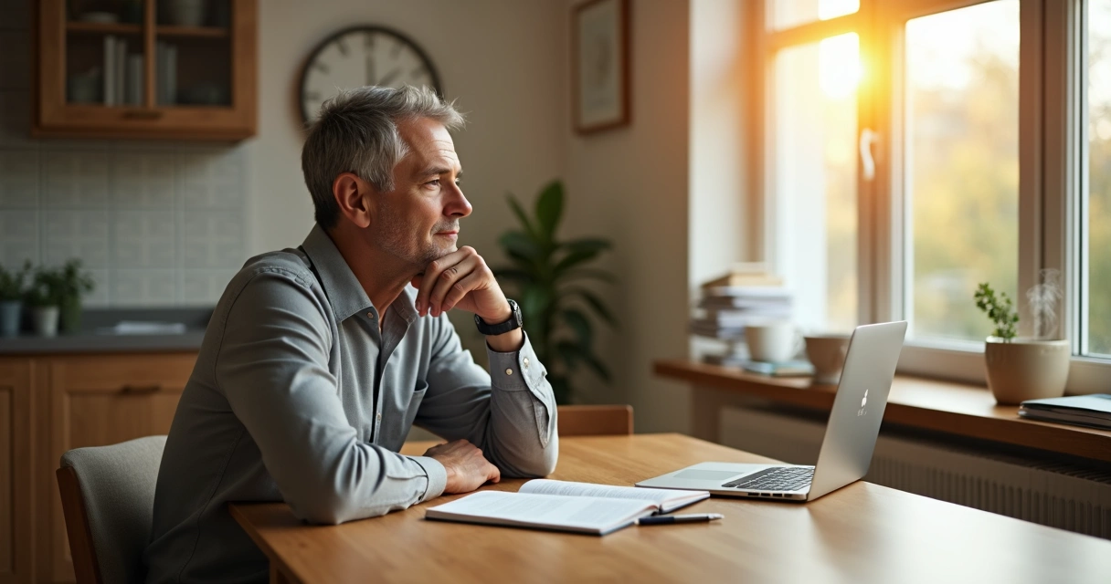 Pessoa sentada à mesa olhando pela janela em momento de reflexão tranquila 