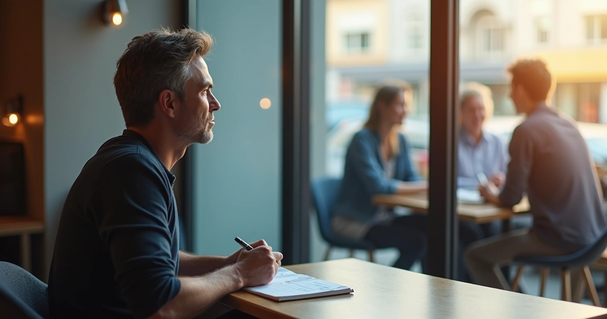 Pessoa pensativa observando interação social através de vidro 