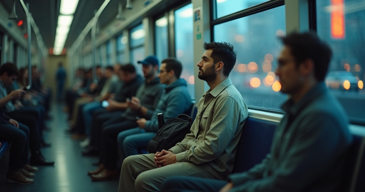 Pessoa sentada em metrô lotado olhando pela janela pensativa 
