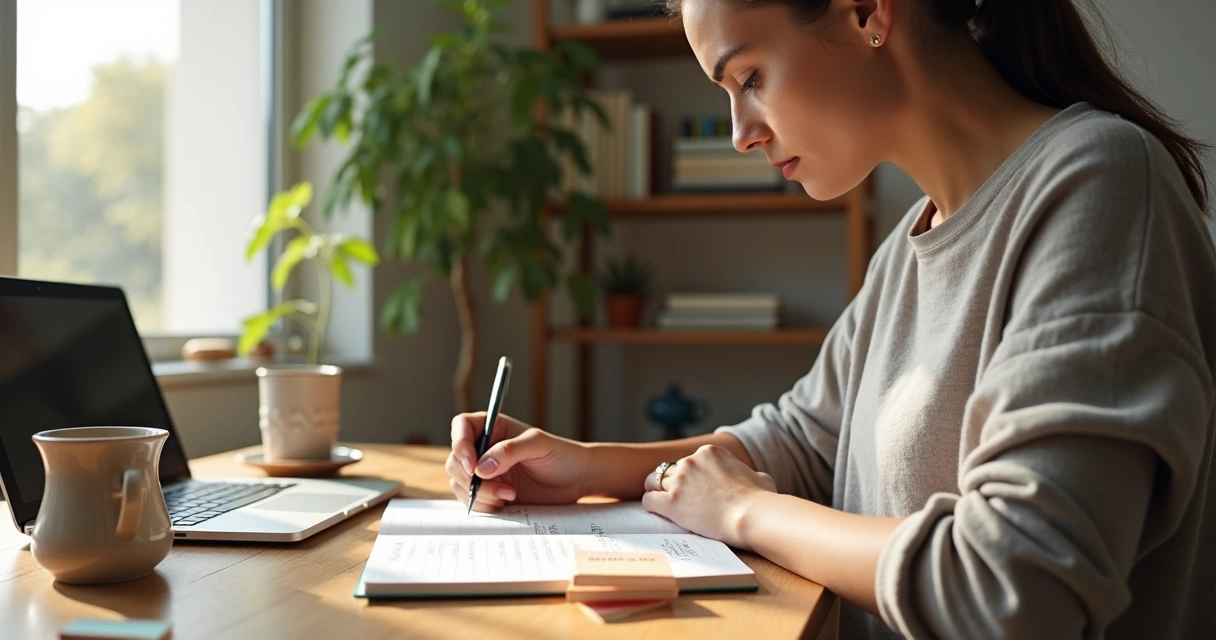 Pessoa sentada escrevendo em caderno enquanto reflete sobre seus valores pessoais 