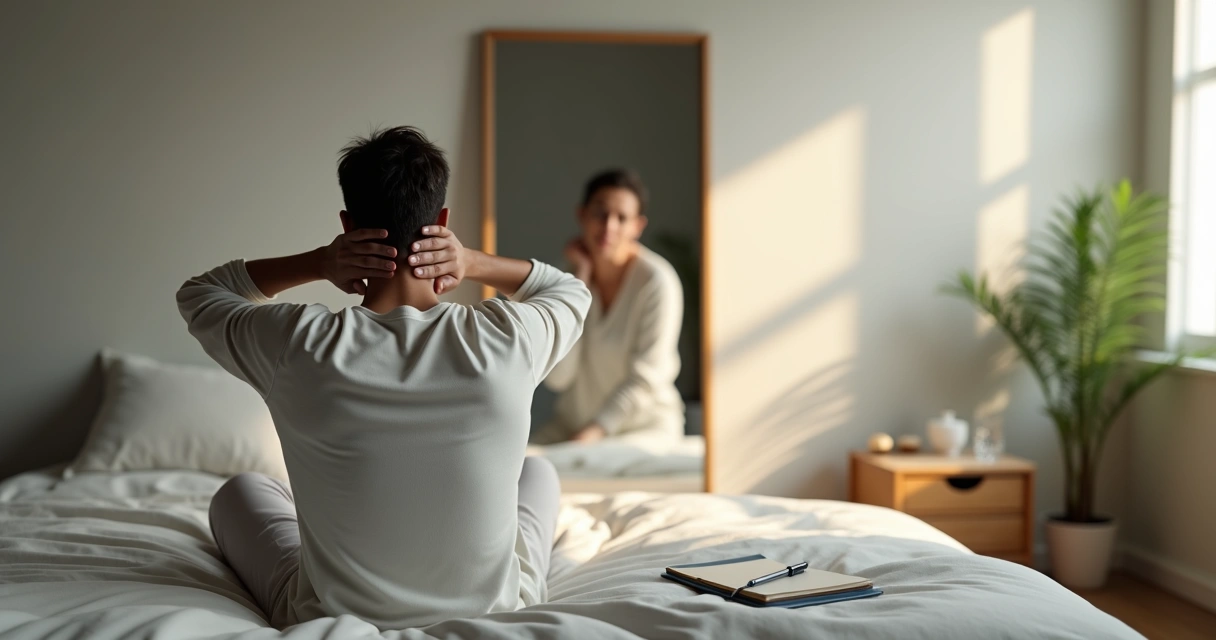 Pessoa sentada pensativa diante de um espelho com reflexo fragmentado 