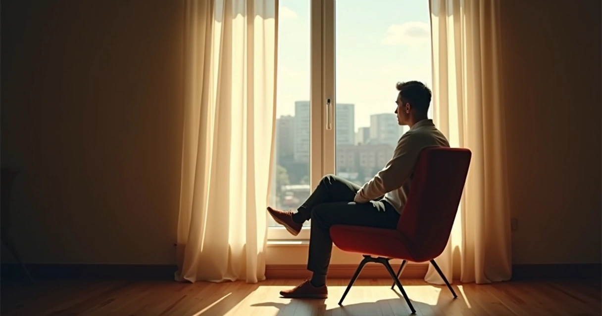 Pessoa sentada refletindo em silêncio, olhando pela janela de uma casa iluminada.