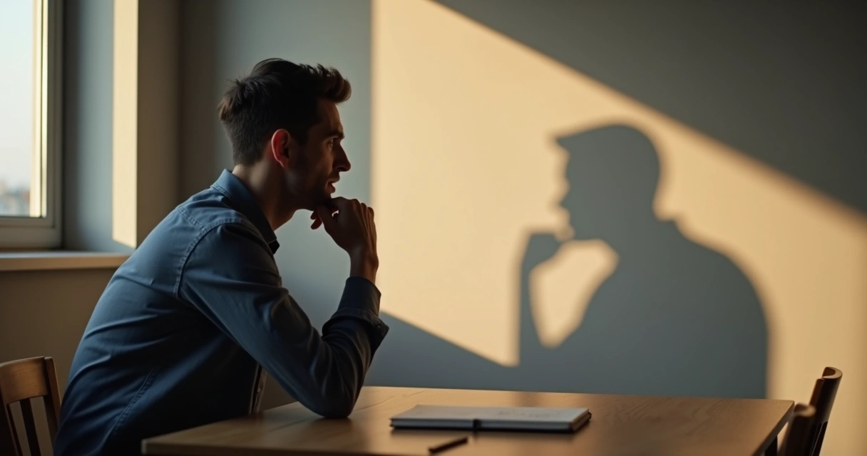 Pessoa refletindo com sombra fragmentada em parede cinza 