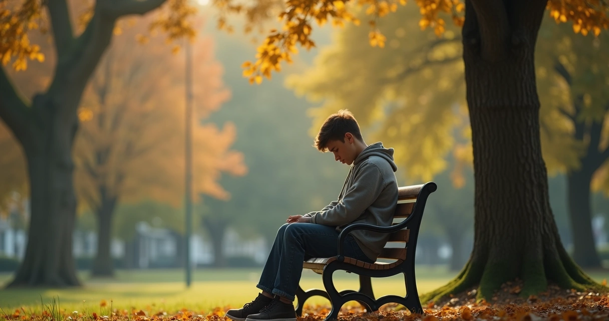 Pessoa sentada sozinha em banco de parque, olhando para o chão 
