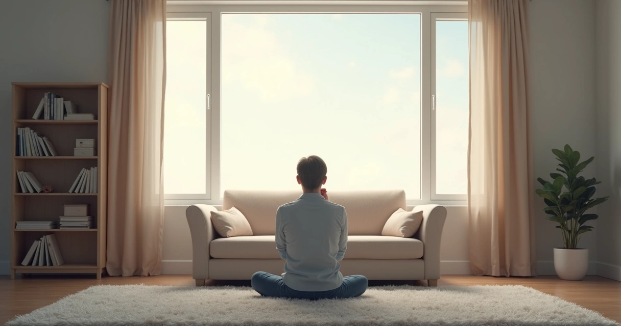 Pessoa sentada em uma sala silenciosa olhando para a janela 
