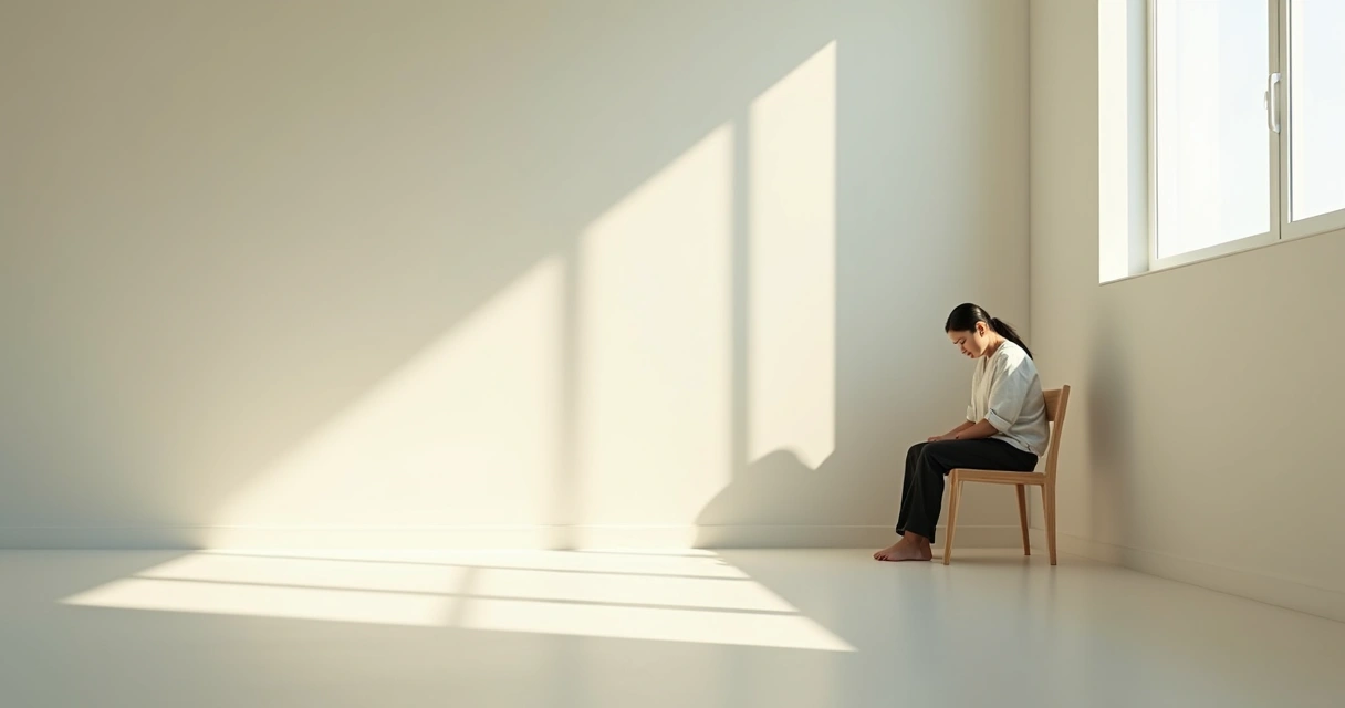 Pessoa sentada sozinha olhando para baixo em um ambiente claro 