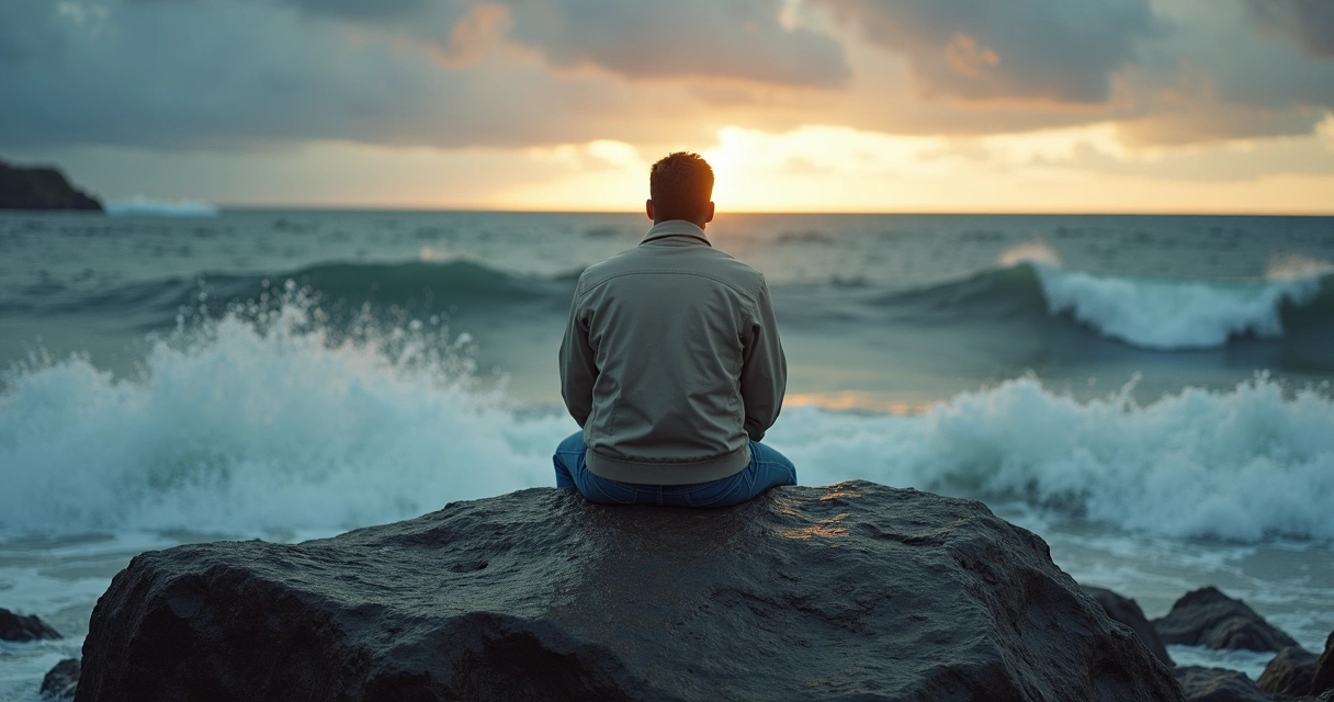 Pessoa sobre pedra diante do mar turbulento em atitude de reflexão silenciosa 
