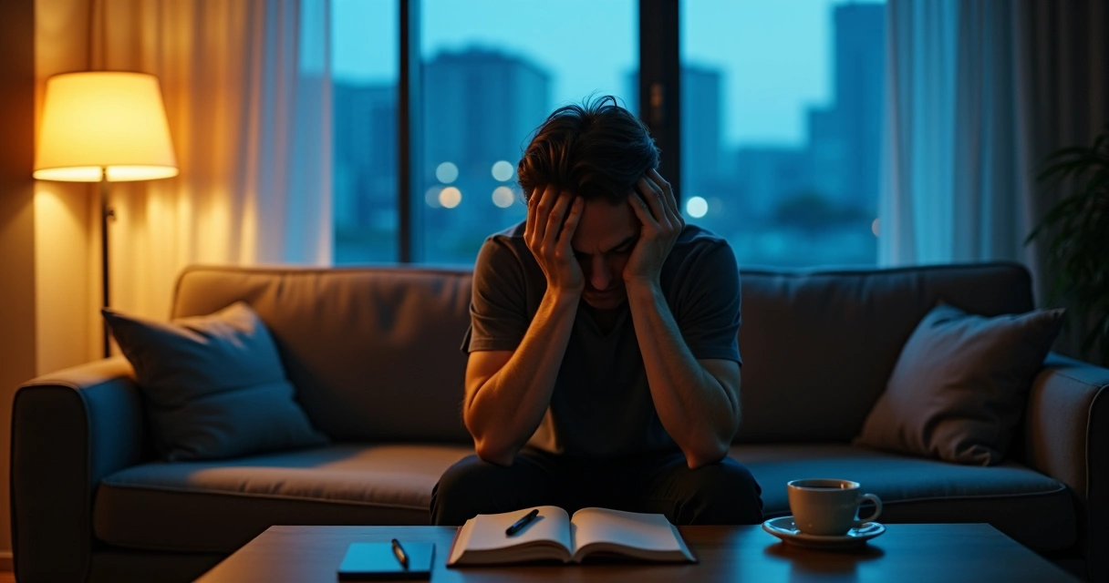 Pessoa sentada no sofá em sala escura refletindo sobre padrões emocionais prejudiciais 