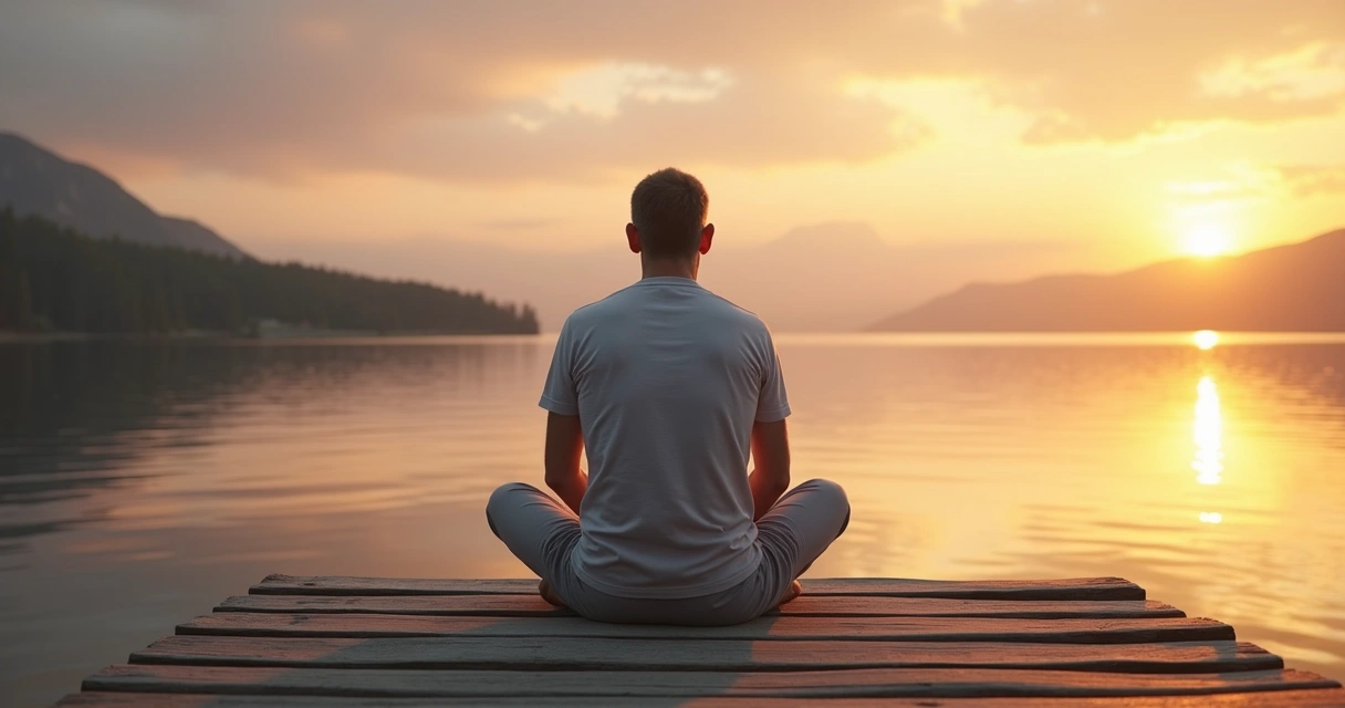 Pessoa sentada à beira de um lago ao pôr do sol em postura reflexiva 