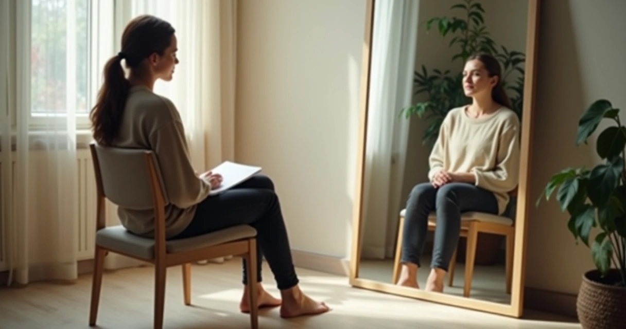 Pessoa sentada refletindo diante de espelho com expressão serena 