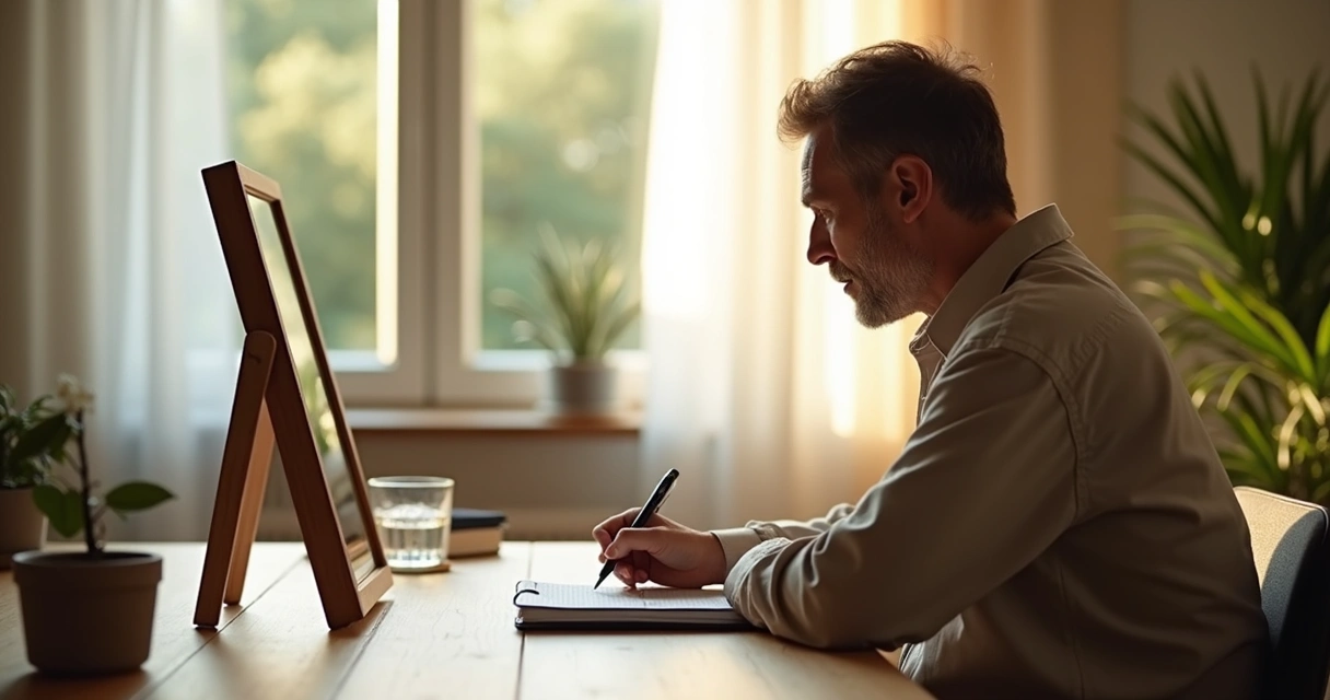 Adulto sentado à mesa escrevendo em caderno enquanto se observa em um espelho 