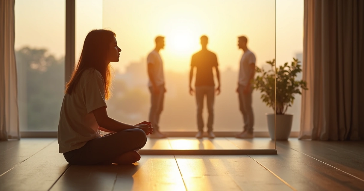 Pessoa sentada refletindo diante de seu próprio reflexo fragmentado 