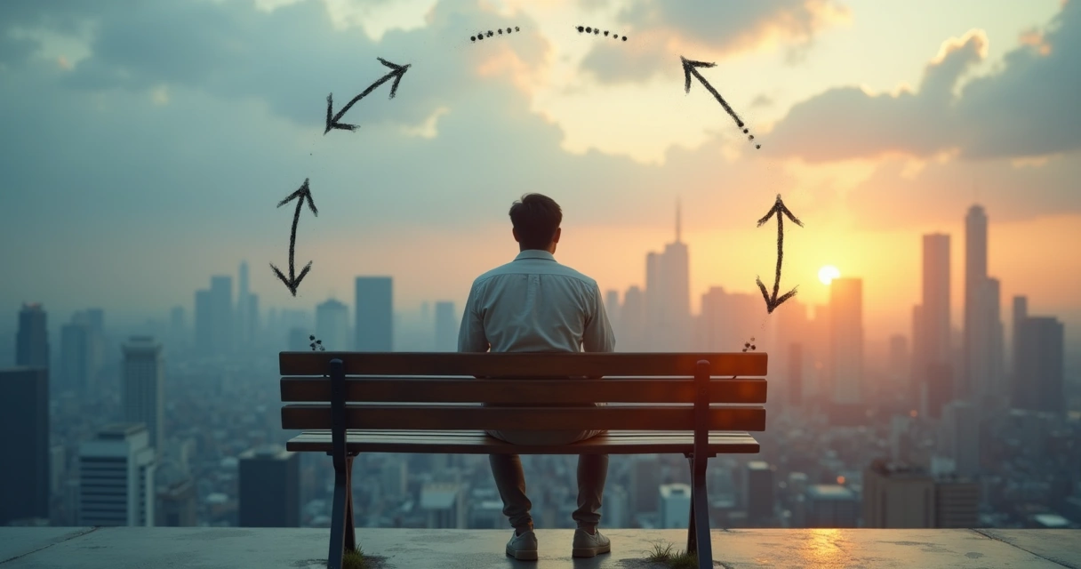 Pessoa sentada em um banco refletindo com cidade desfocada ao fundo 