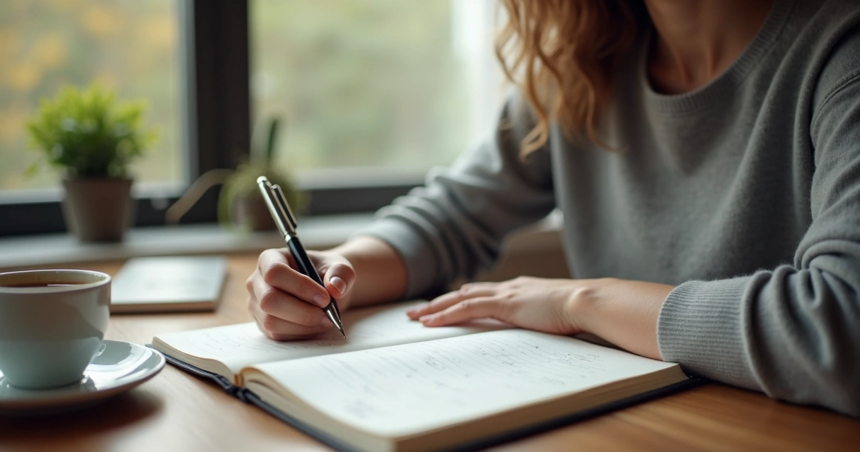 Pessoa escrevendo perguntas em um caderno sobre a mesa