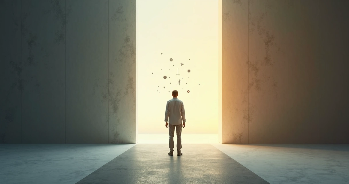 Pessoa em pé em encruzilhada refletindo com luz e sombra ao redor 