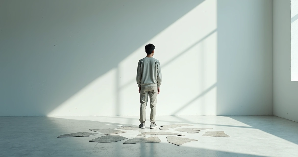 Pessoa em pé diante de sombra fragmentada representando sabotagens internas invisíveis 