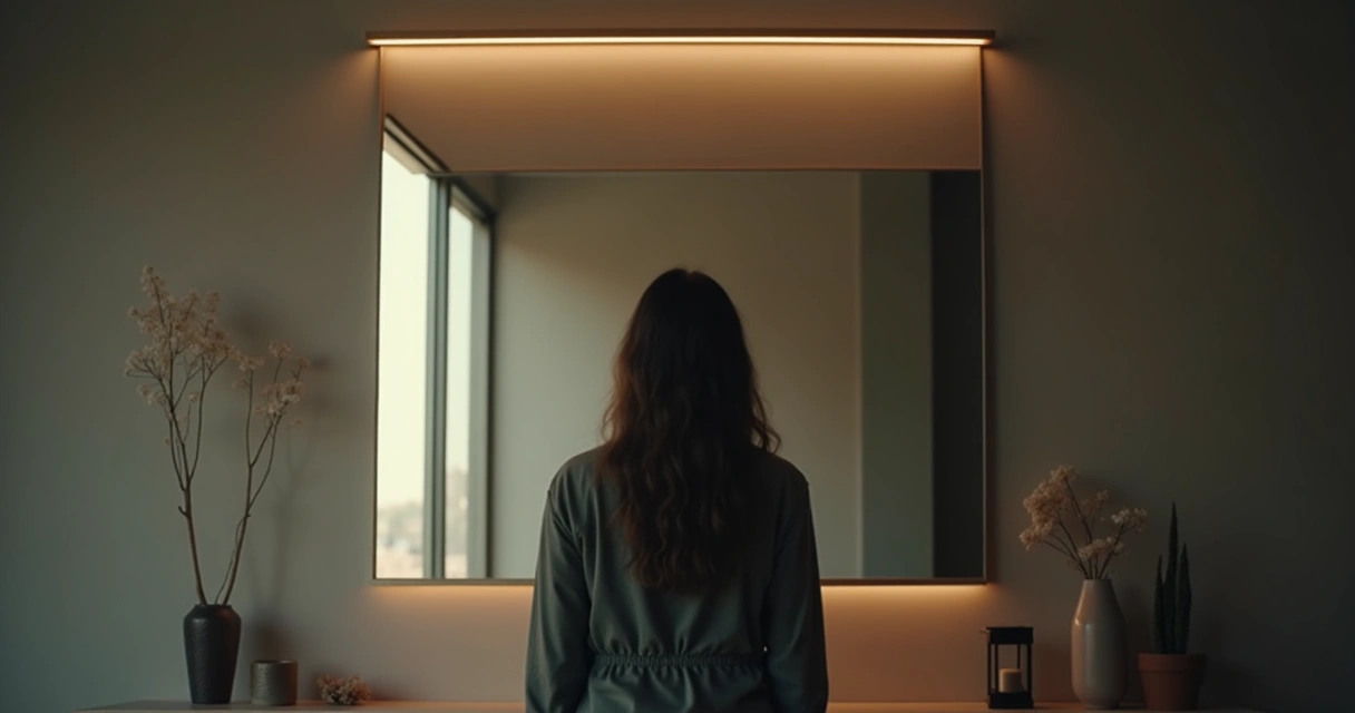 Pessoa olhando para si mesma no espelho em momento de reflexão. 