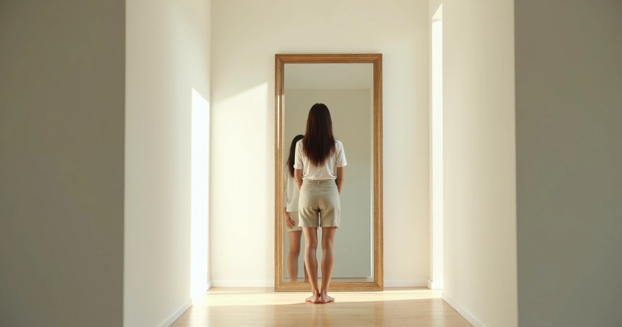 Pessoa olhando para o próprio reflexo em um espelho.