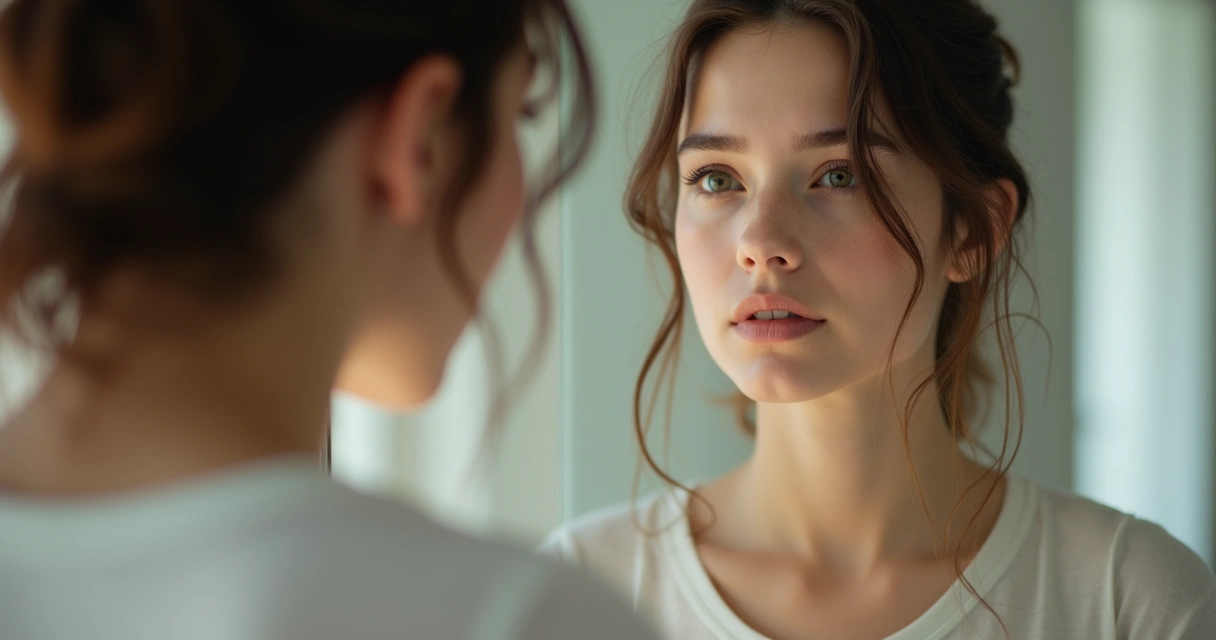 Pessoa olhando para o próprio reflexo em um espelho, expressão pensativa
