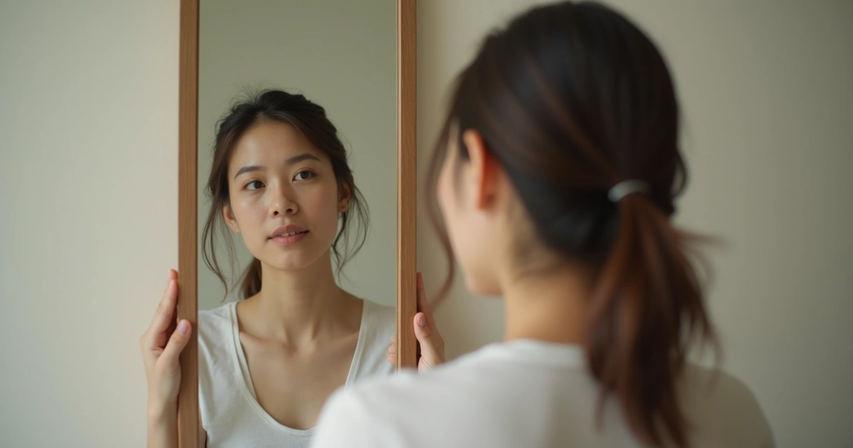 Pessoa olhando para si mesma em um espelho, expressão reflexiva 