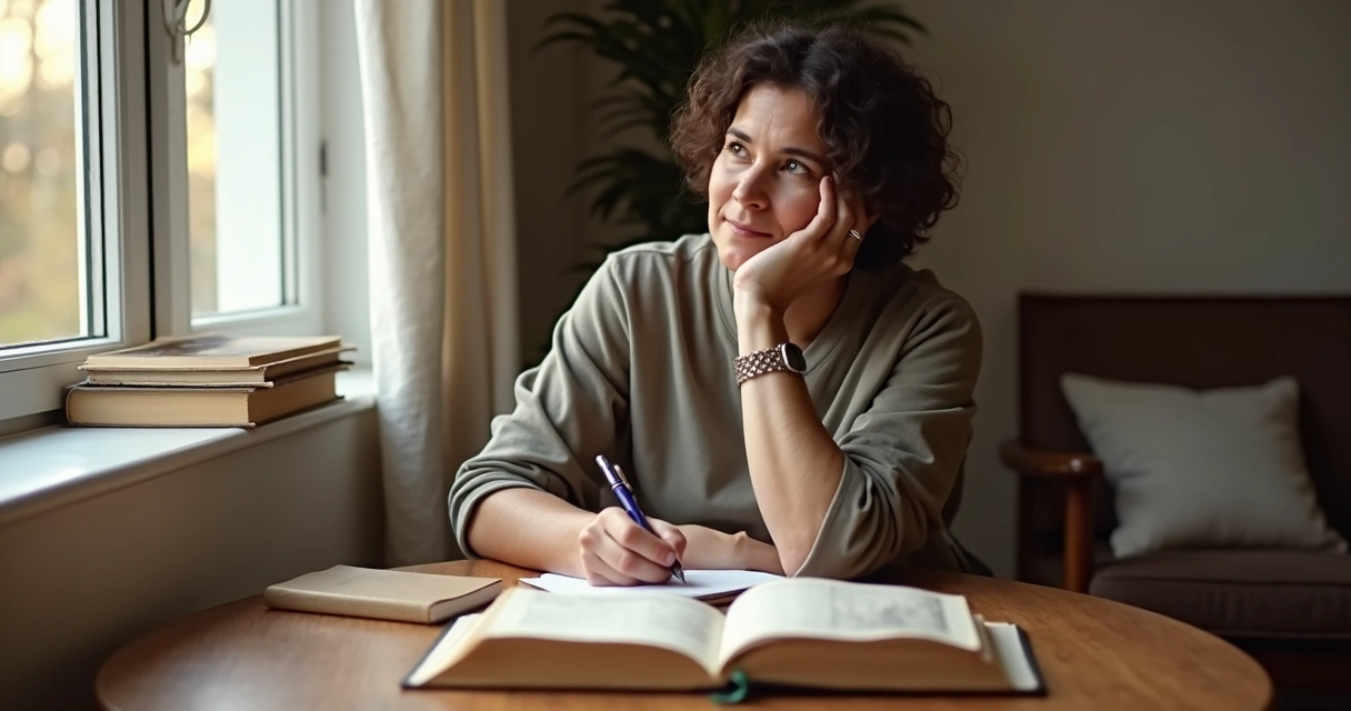 Pessoa refletindo com livros e caderno ao lado de janela com luz suave 