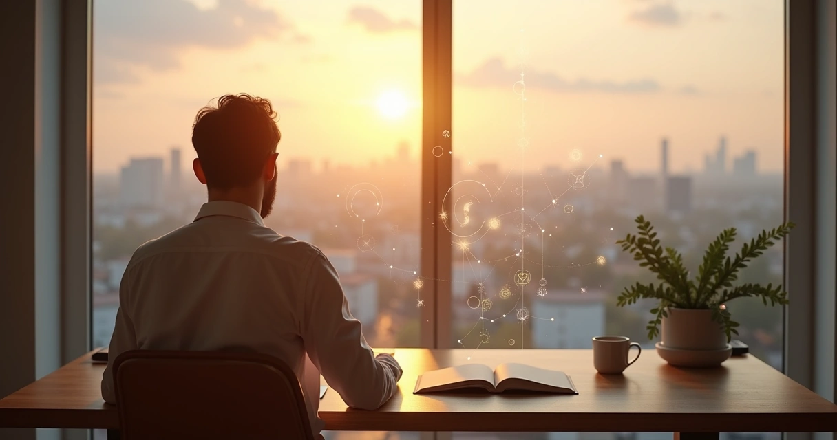 Pessoa em reflexão observando conexões de impacto da consciência 