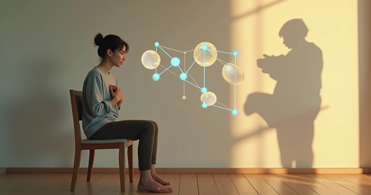 Pessoa em reflexão com sombra fragmentada representando incoerência interna 