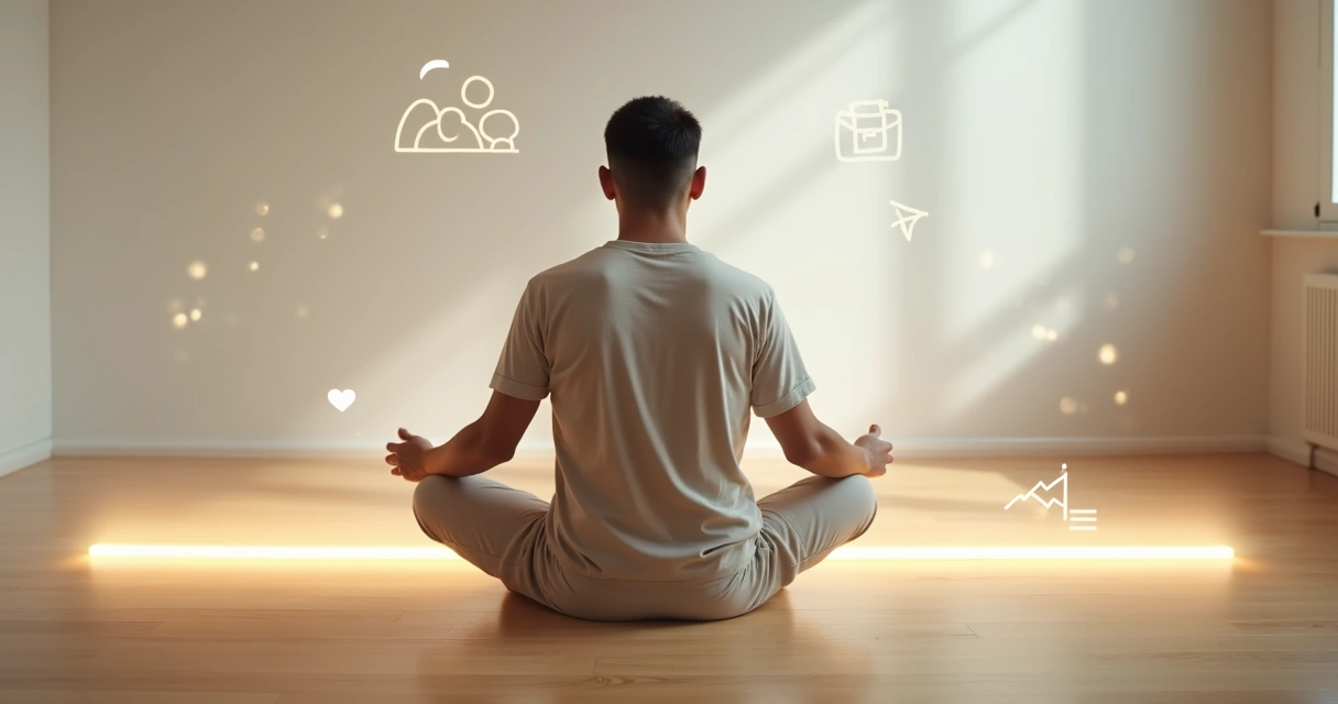 Pessoa sentada em posição de meditação diante de linha luminosa simbolizando limites saudáveis 