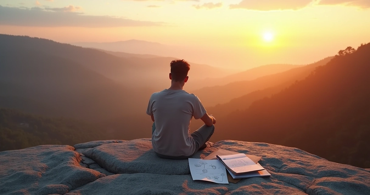 Pessoa sentada em pedra contemplando horizonte ao nascer do sol 