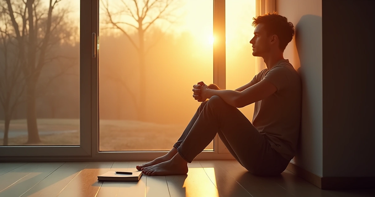 Pessoa sentada em frente à janela refletindo sobre mudança interior 