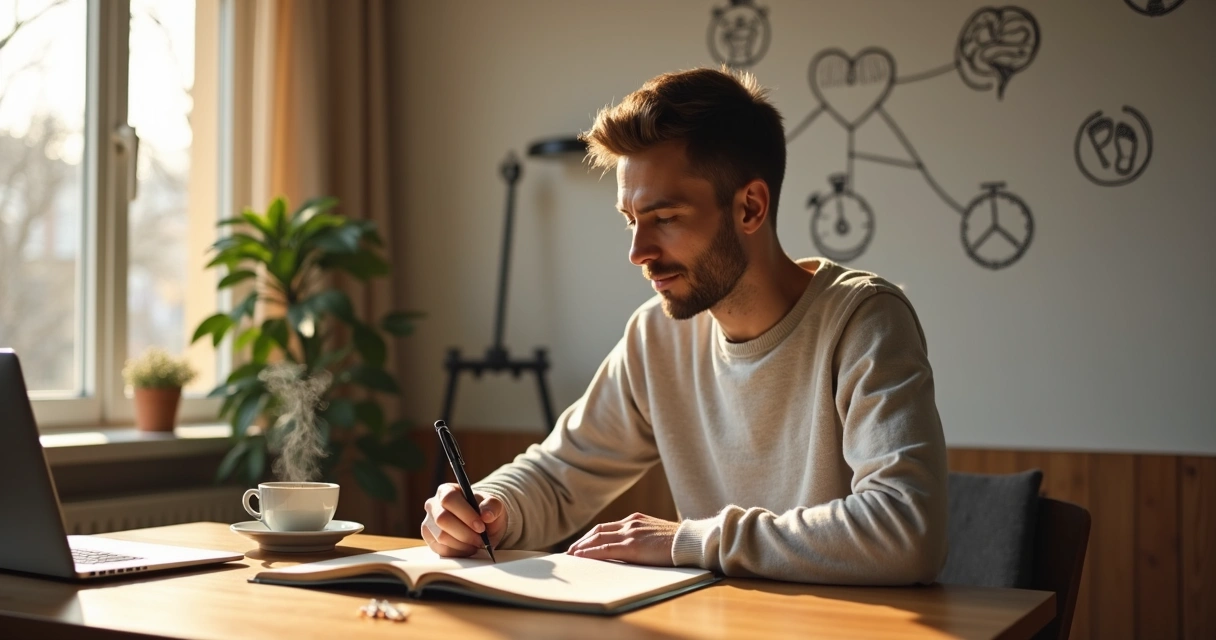 Pessoa sentada perto da janela refletindo com caderno e xícara de café 