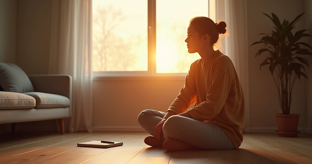 Pessoa sentada perto da janela em postura de reflexão tranquila 