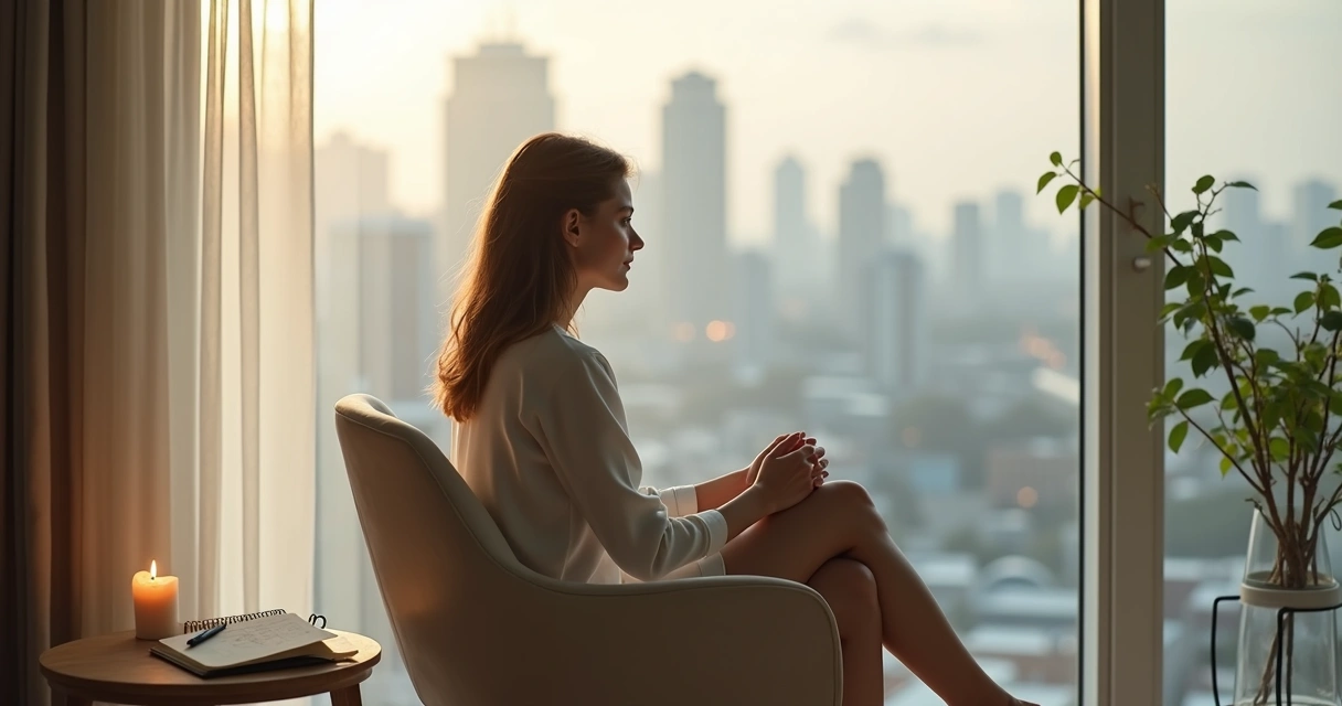 Pessoa sentada em frente à janela grande refletindo com expressão calma 
