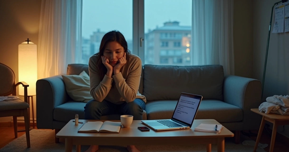 Pessoa refletindo sozinha em casa percebendo padrões sutis de autossabotagem no cotidiano 