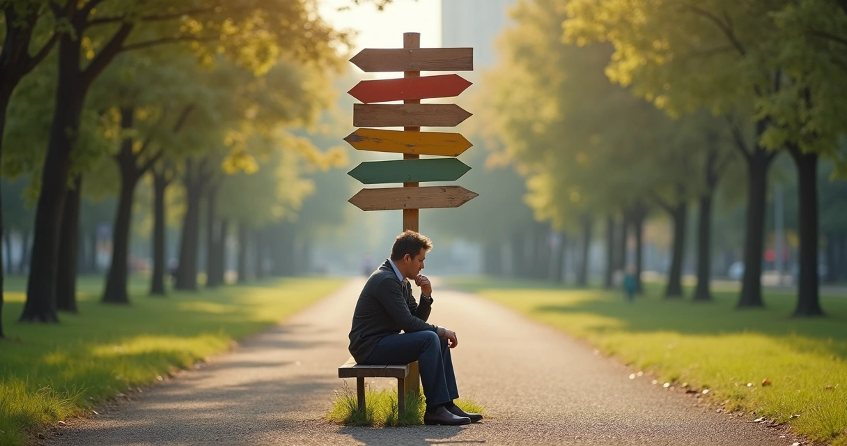 Pessoa sentada pensativa diante de encruzilhada com várias placas de direção 
