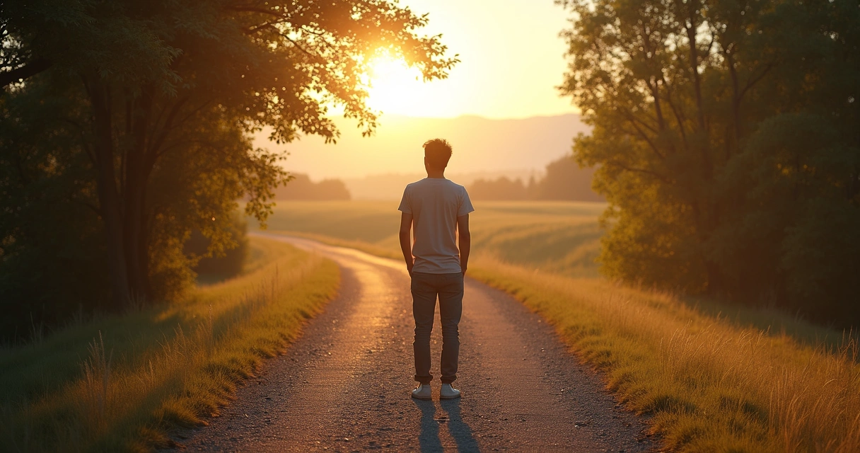 Pessoa caminhando em estrada bifurcada refletindo sobre escolhas 
