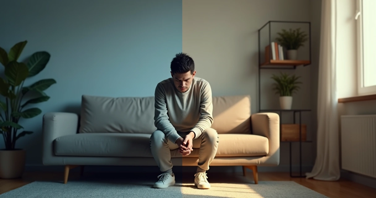 Pessoa sentada refletindo em ambiente minimalista com luz dividida entre sombra e claridade 