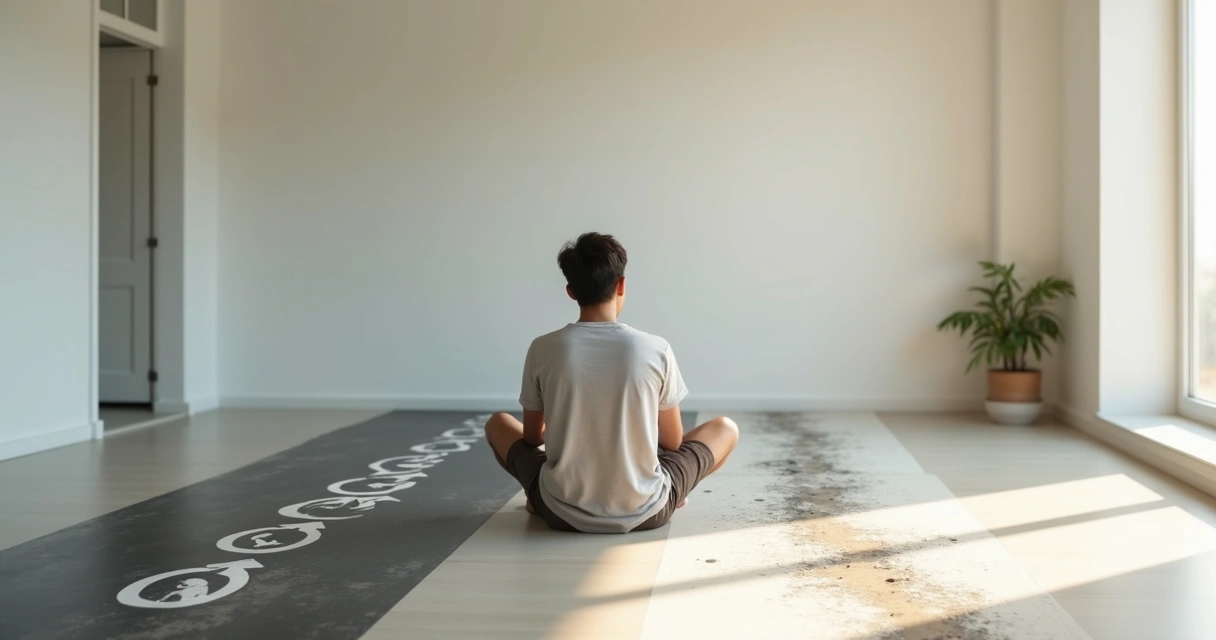 Pessoa sentada no chão encostada na parede olhando para dois caminhos opostos na frente 