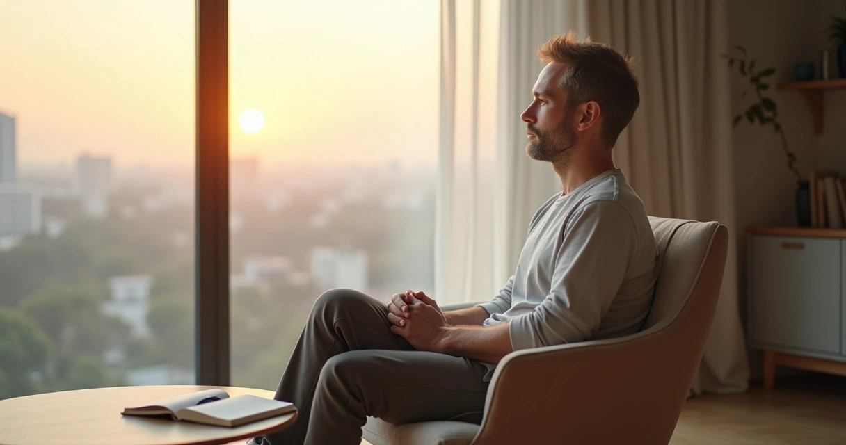 Pessoa sentada refletindo em equilíbrio emocional diante de janela iluminada 