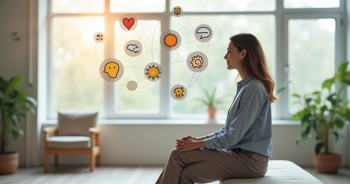 Pessoa sentada em posição de reflexão com ícones de emoções ao redor 