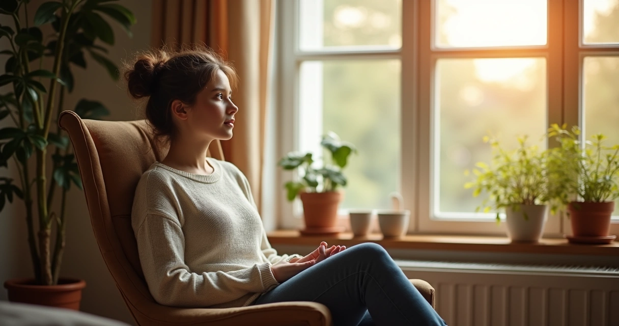 Pessoa sentada próxima a janela olhando para fora, expressão serena de reflexão 