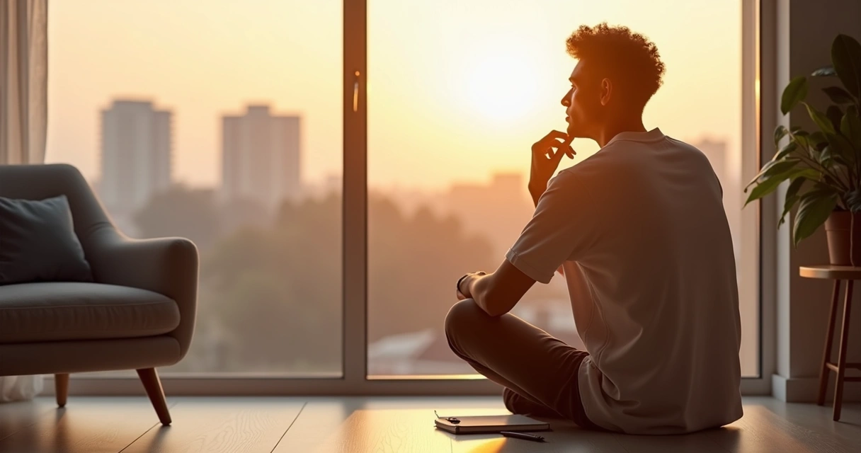 Pessoa sentada perto da janela olhando a luz do amanhecer 