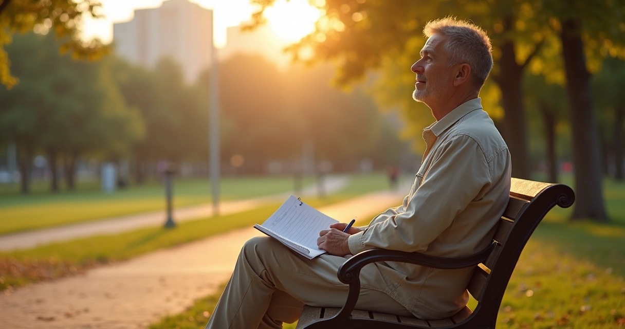 Pessoa adulta refletindo com calma diante de duas escolhas em ambiente urbano tranquilo 