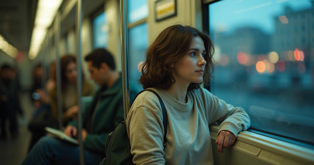 Pessoa sentada em metrô lotado olhando pela janela em atitude reflexiva 