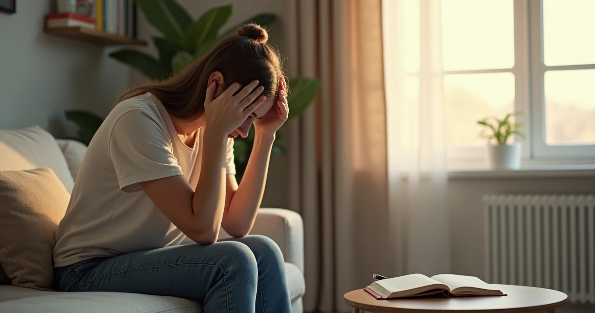 Pessoa sentada no sofá segurando a cabeça em postura pensativa 