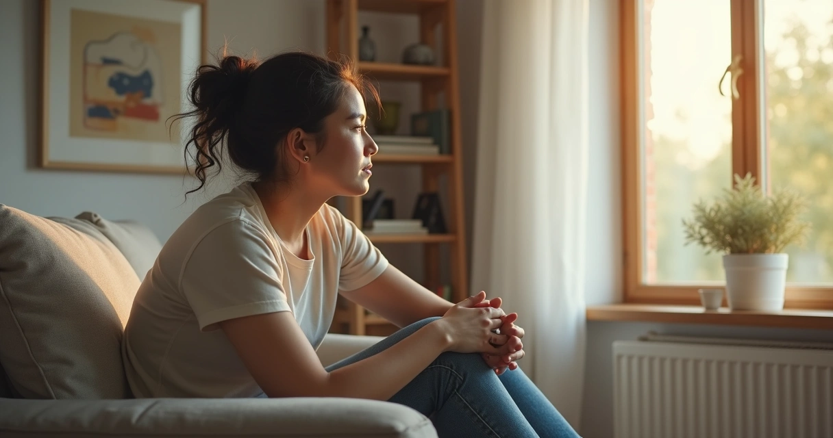 Pessoa sentada em sofá olhando para janela em atitude reflexiva 