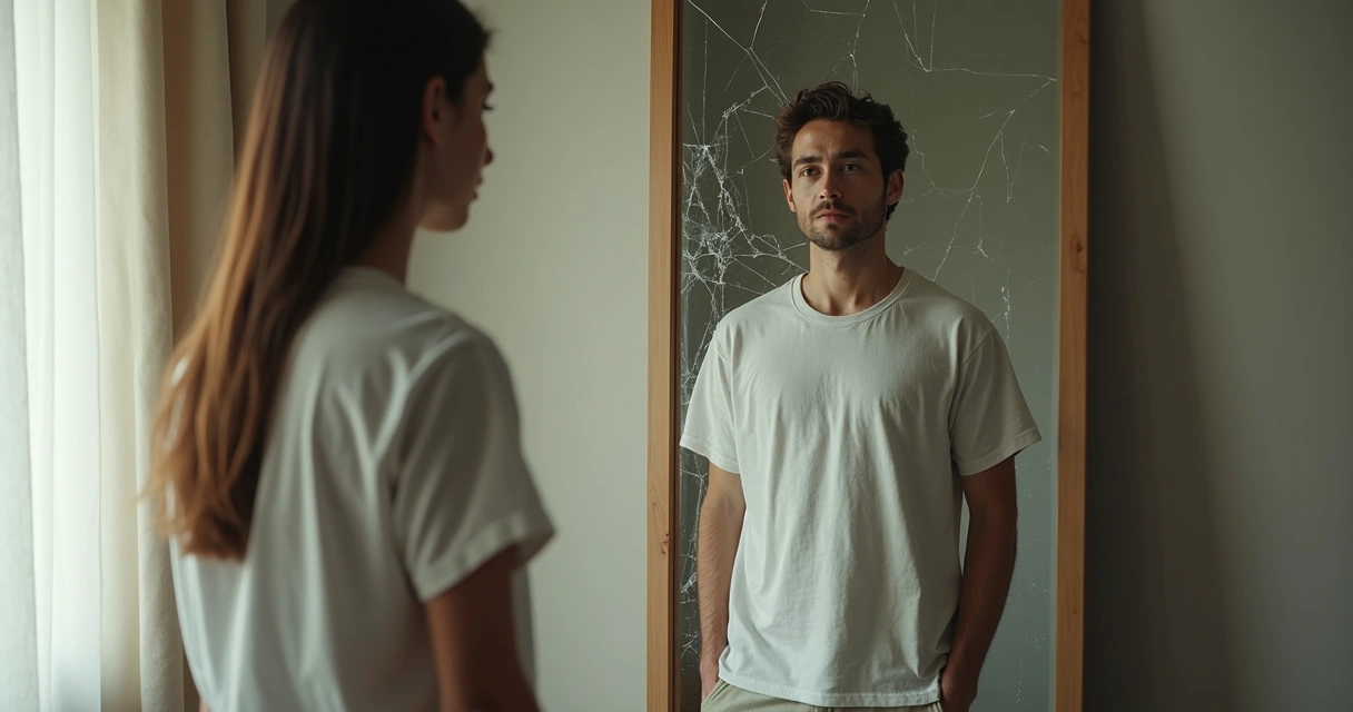 Pessoa observando o próprio reflexo em espelho rachado 