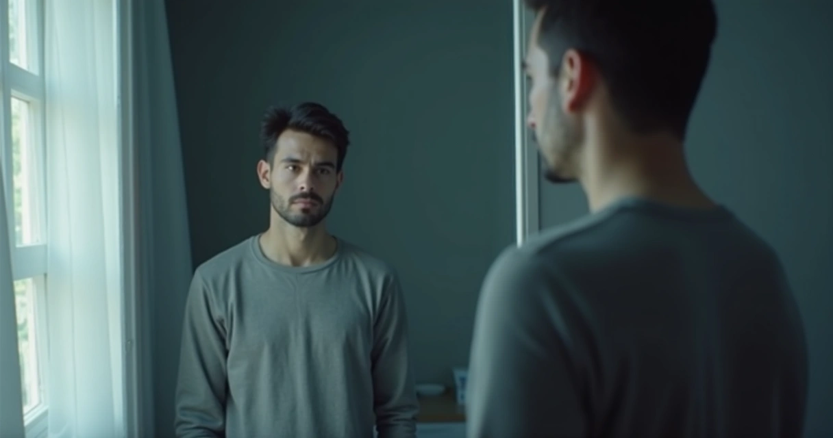 Pessoa observando o próprio reflexo com expressão pensativa 